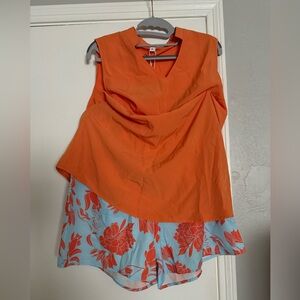 Orange & Light blue women’s short set with pockets and elastic waist. NEW-SHEIN